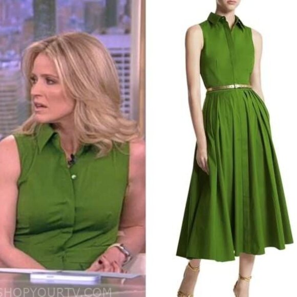 Michael Kors Collection Green Sleeveless Pleated Poplin Midi Shirt Dress 12 - Picture 6 of 14